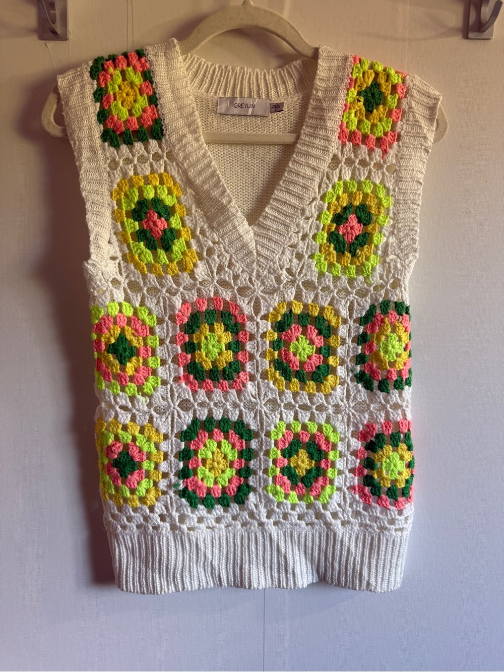 Greylin Crochet Granny Square Sweater Vest S Cream Neon Boho Festival